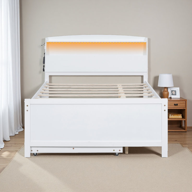 Lit plateforme avec tête de lit à DEL avec rangement, lit gigogne simple et 3 tiroirs, Lit double
