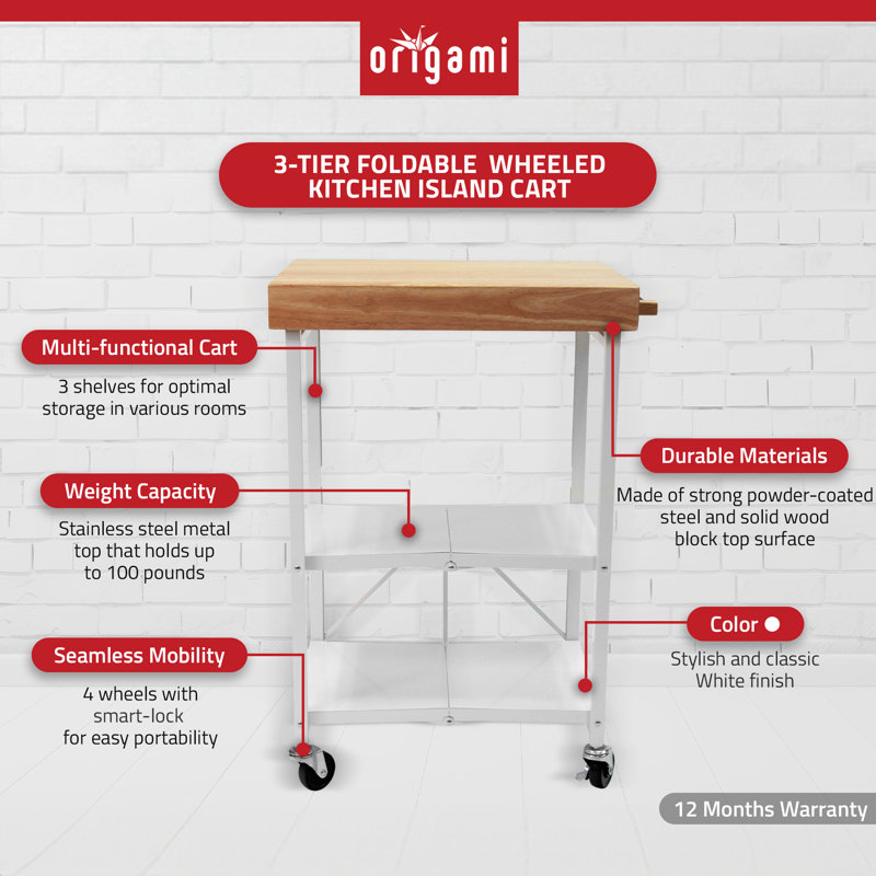 Origami Foldaway Rolling Kitchen Cart Steel Top, Stainless and White