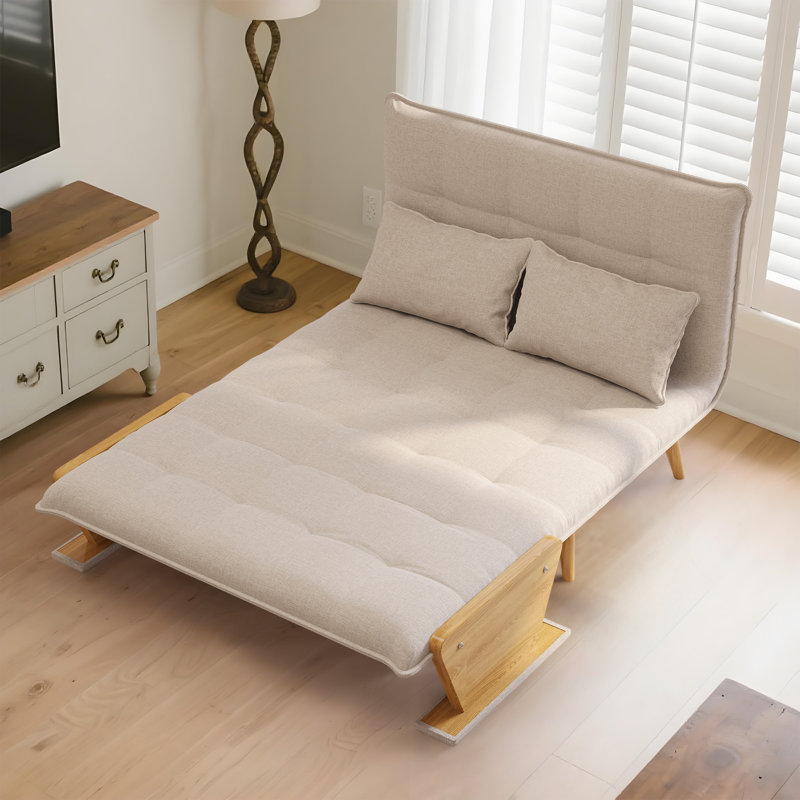Wood Folding Sofa Bed, Cotton Linen Sleeper Accent Chair for Reading with Back Cushion, Foldable Sofa for Living Room