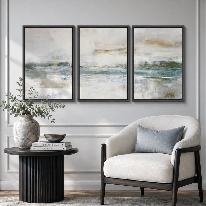Paysage minimaliste «Œuvre abstraite grunge vert-gris, images murales industrielles modernes et chics, impression sur toile encadrée, 3 pièces