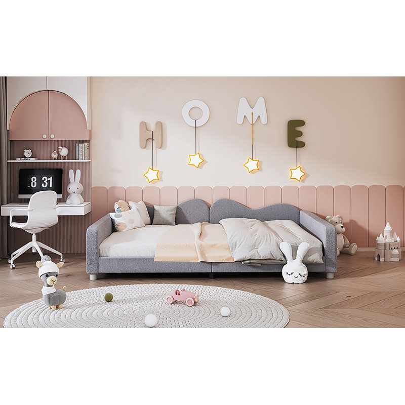 Full Size Upholstered Daybed, Sherpa Fabric Sofabed With Cloud-Shaped Backrest, Gray