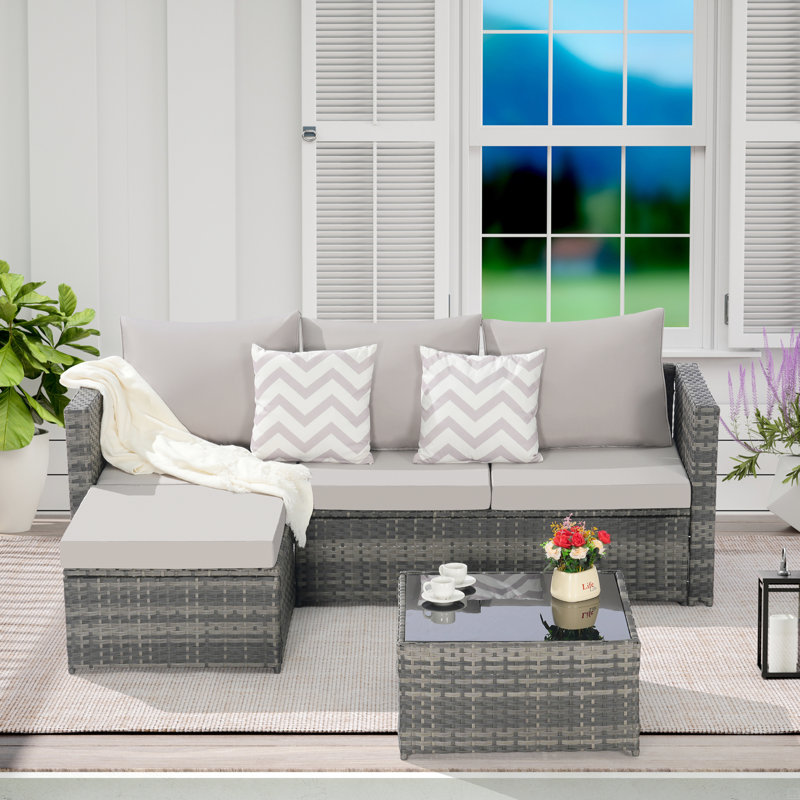 2 Pieces Patio Furniture Set,Outdoor Woven Sectional L- Shaped Patio Furniture ,Wicker Conversation Set With Ottoman, Detachable Lounger Table