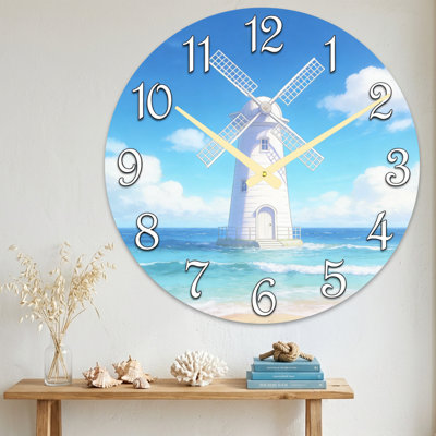 Landscape & Nature Windmill On Beach With Blue Sky And Ocean Waves Ultra Clear Glass Wall Clock