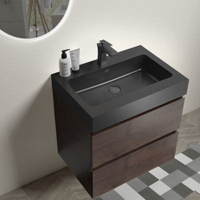 Meuble-lavabo en noyer - 24 po, design contemporain, lavabo, espace de tiroir spacieux, noyer moderne silencieux, lavabo, grands tiroirs, lavabo noir