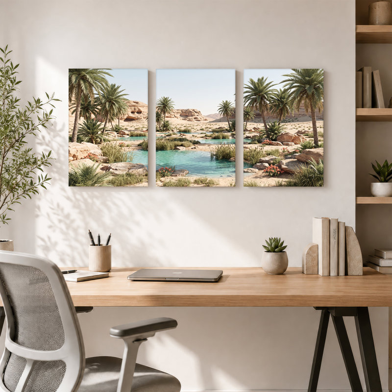 Oasis du désert avec palmiers et eau turquoise, ensemble de 3 toiles, H 18 po x l 12 po x 3 pièces
