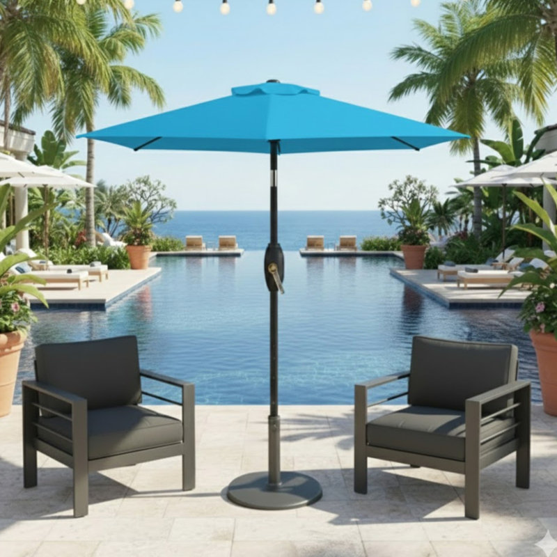 Parasol de marché bleu de 7,5 pi avec auvent, manivelle pour un fonctionnement facile, hexagonal Ft et inclinaison 45, imperméable filé auvent patio et terrasse