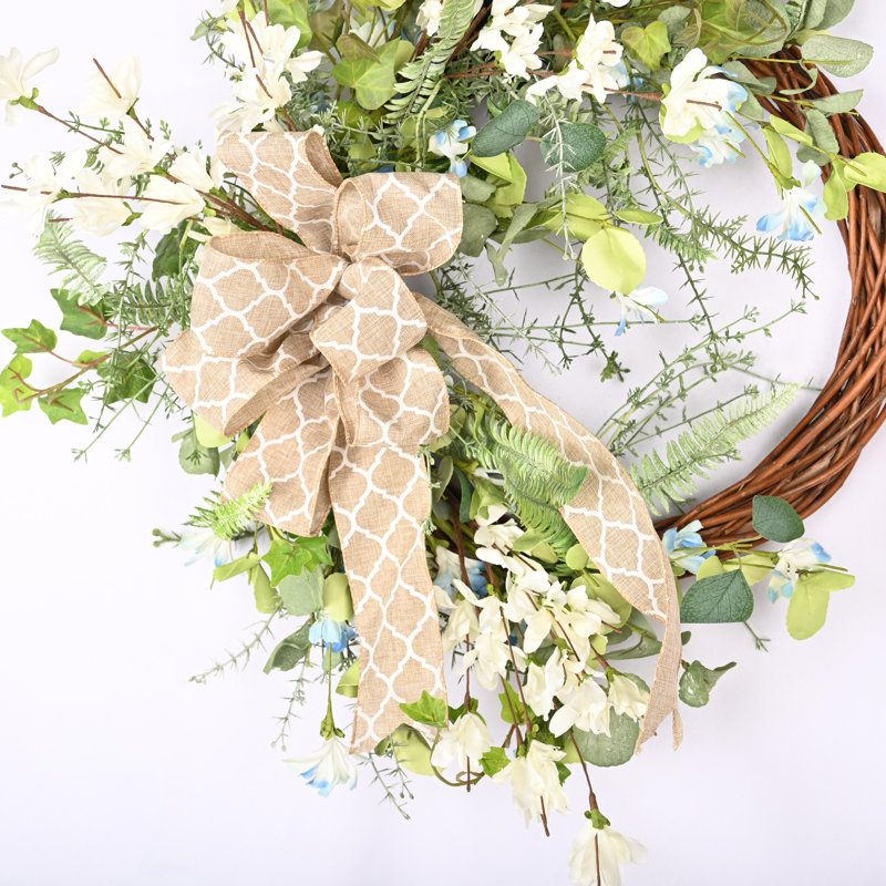 24" Spring Summer Floral Forsythia Bow Wreath for Front Door, Brown/Green/White