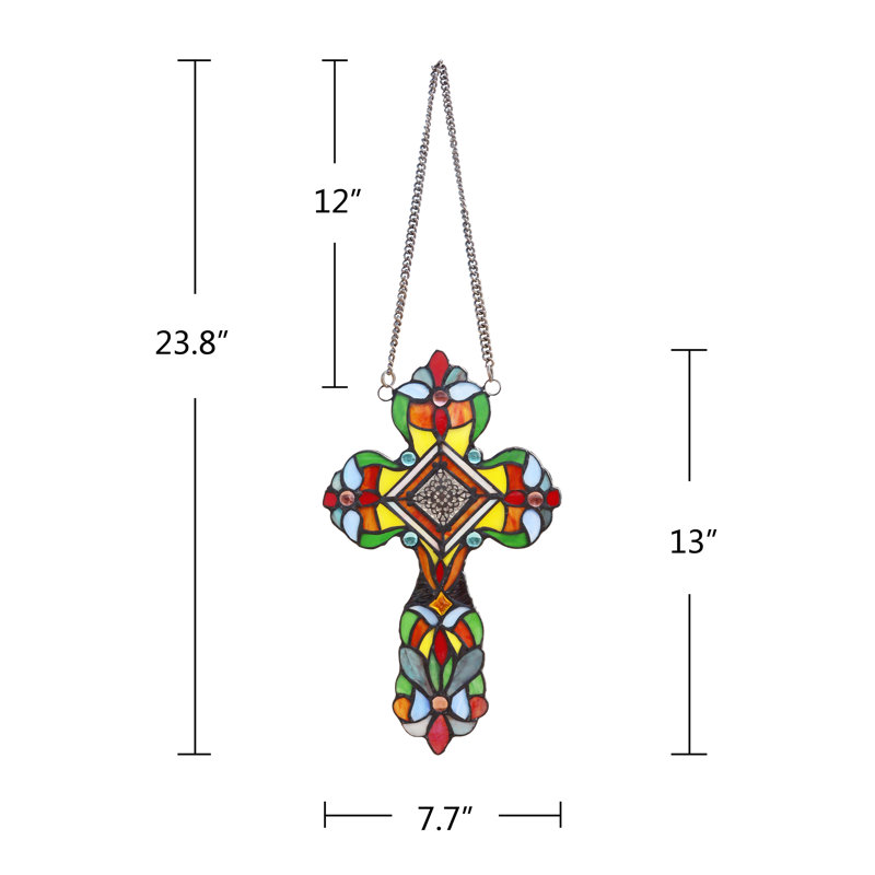 Adelina Victorian Tiffany-Style Stained Glass Cross Panel with Chain