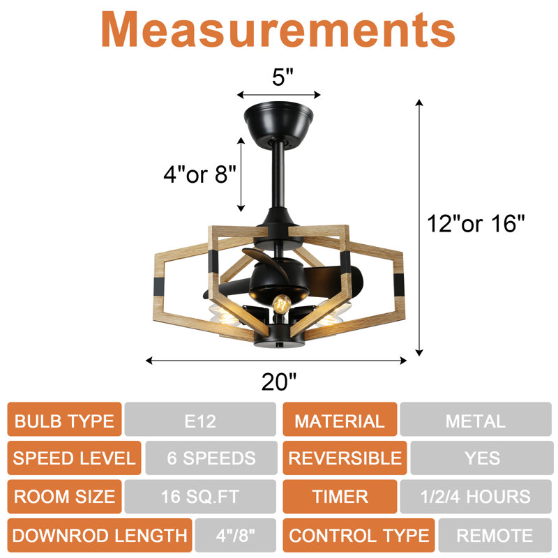 20" Farmhouse Caged Ceiling Fan With Light Kit Reversible Wooden Ceiling Fan With Lights And Remote Control