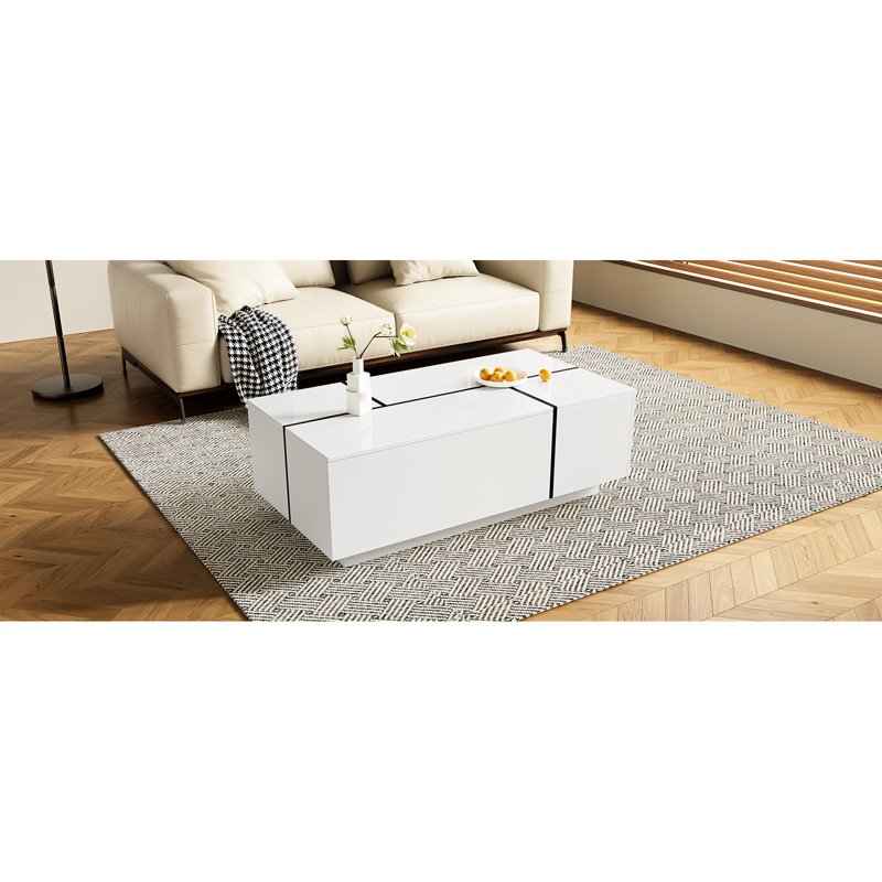 Table basse extensible de 47,2 po à 72,7 po, espaces de rangement cachés, tiroirs, plateau de table large, finition ultrabrillante, table extensible au design sophistiqué avec 2 espaces et pour le salon