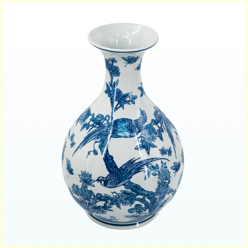 Vase en porcelaine bleu et blanc 8,7 x 14,2 pouces avec motifs inspirés de la nature, vase décoratif