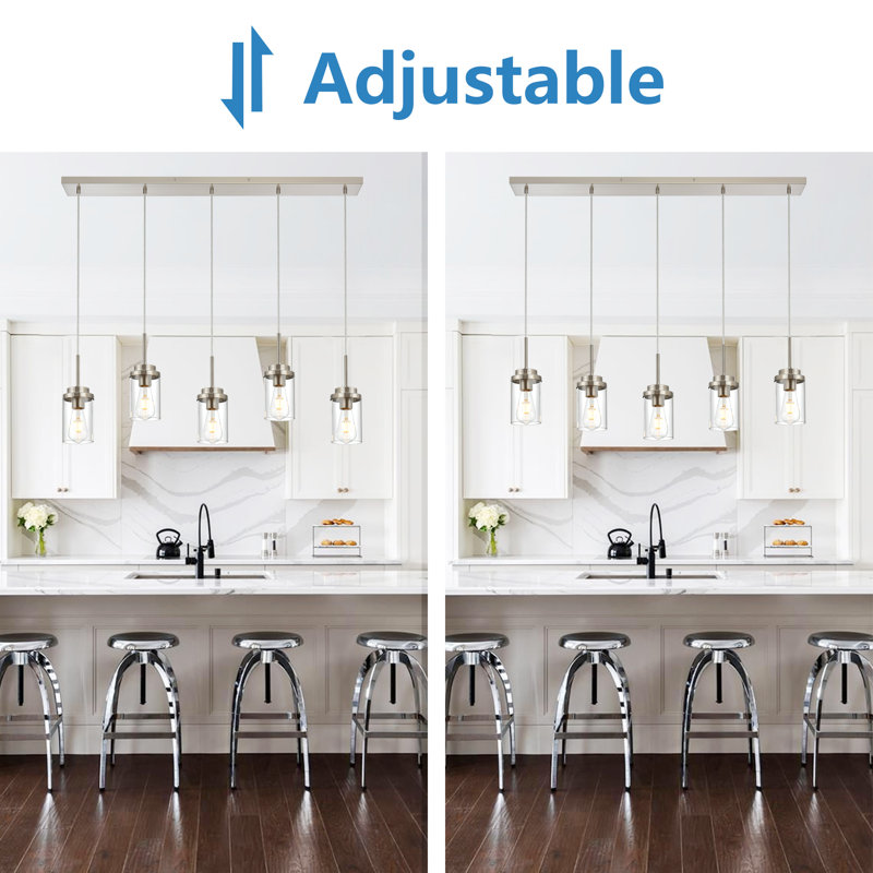 Brushed Nickel 5-Light Linear Kitchen Island Pendant with Clear Glass Shades