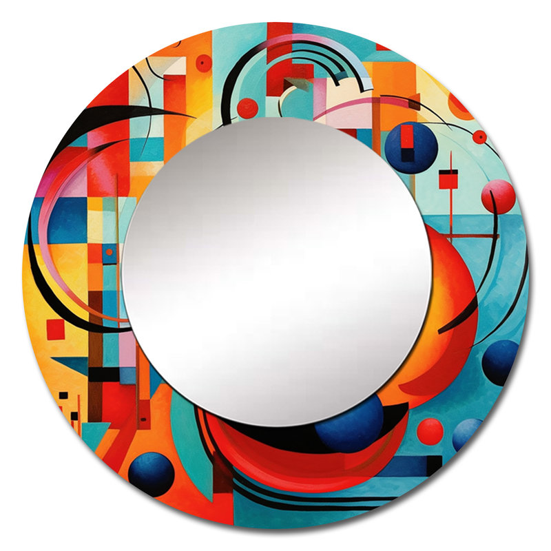 Orange géométrique bleue Unleashed IV - formes abstraites, miroir mural, miroir orange, impression sur métal, 23 po x 23 po