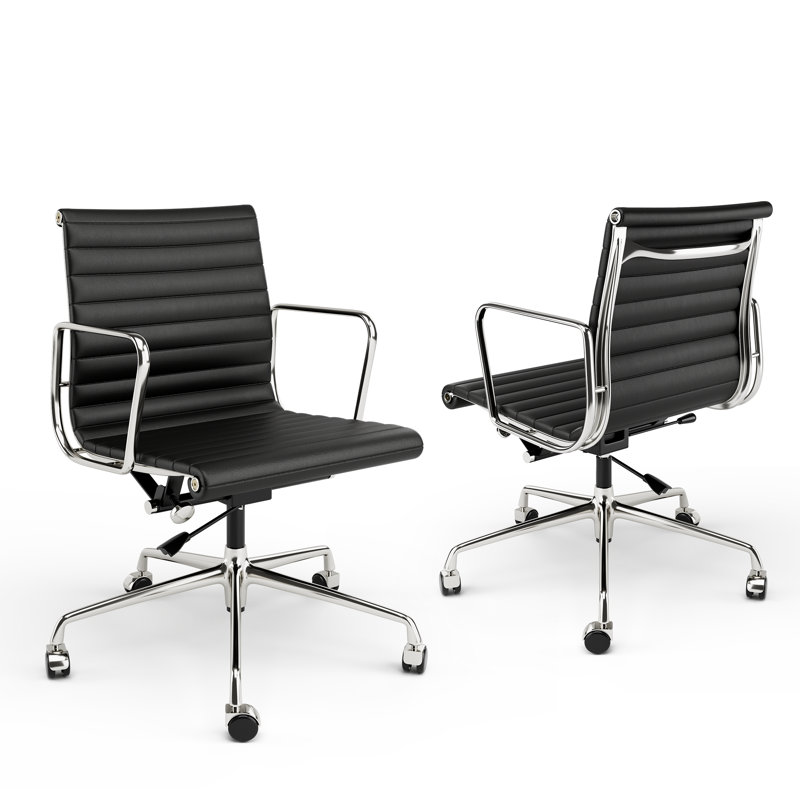 Mid Back Top-Gain Leather Office Chair With Arm And Aluminum Frame, Swivel Conference Desk Chair, Black