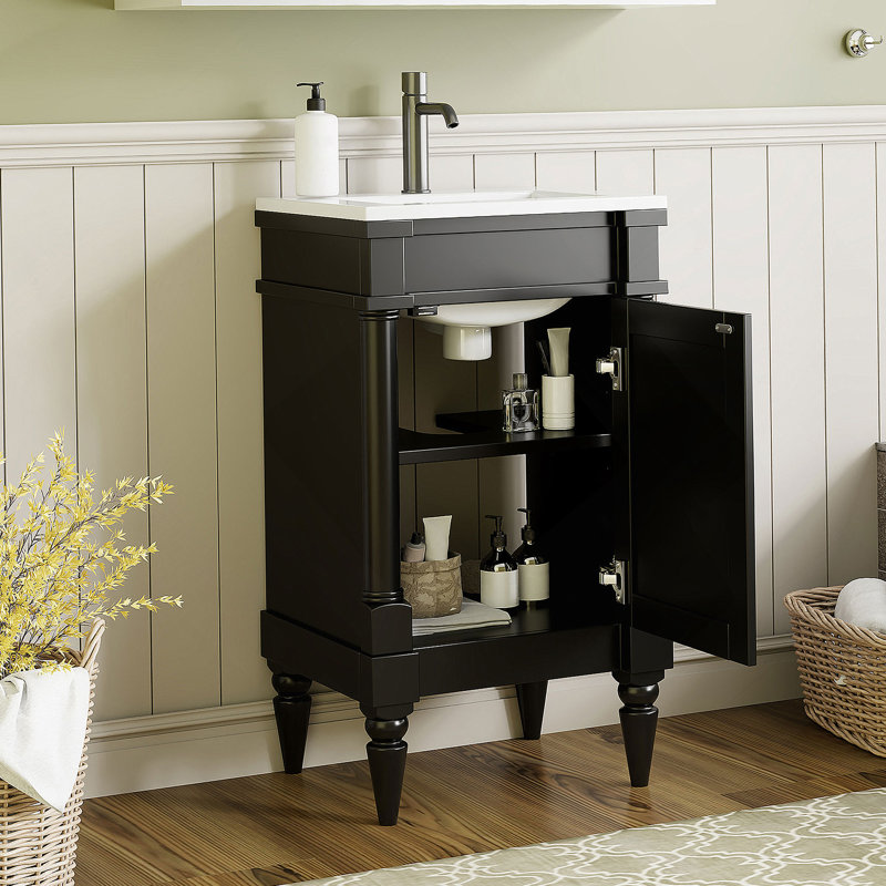 Meuble-lavabo moderne de 18 po avec lavabo, meuble de rangement avec porte, autoportant pour petit espace, lavabo simple, tablette réglable, noir