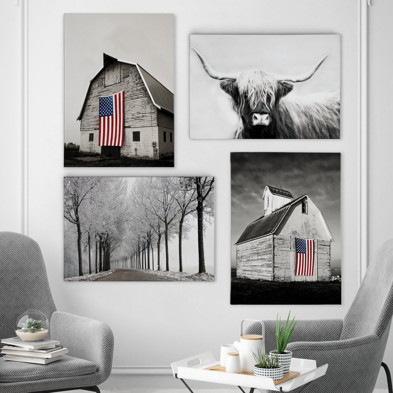 «Black and White Americana», ensemble de 4 reproductions d'art sur toiles, H 20 po x l 64 po x P 1 po