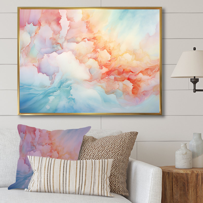 Nuage, lever de soleil, encre alcool, paysage - nuages, décoration murale, 16" H x 32" W, Cadre flottant doré