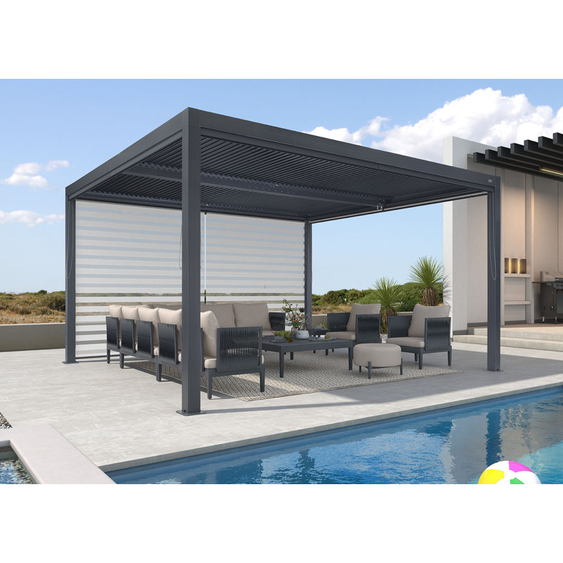 Aluminum Pergola with Roller Shade, 1 Long Side, Gray, 14' x 12'
