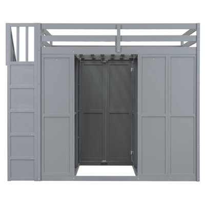 Full Size Loft Bed In Gray With Transformative Wardrobe And Integrated Workspace, Effortless Organization For Your Bedroom, Foldable Door Panels Featuring Built - Desk, Versatile Storage Solutions