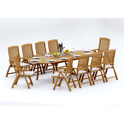 113 Pcs Grade-A Teak Wood Dining Set: 118" Double Extension Oval Table And 12 Marley Folding Reclining Arm Chairs #11MR2612