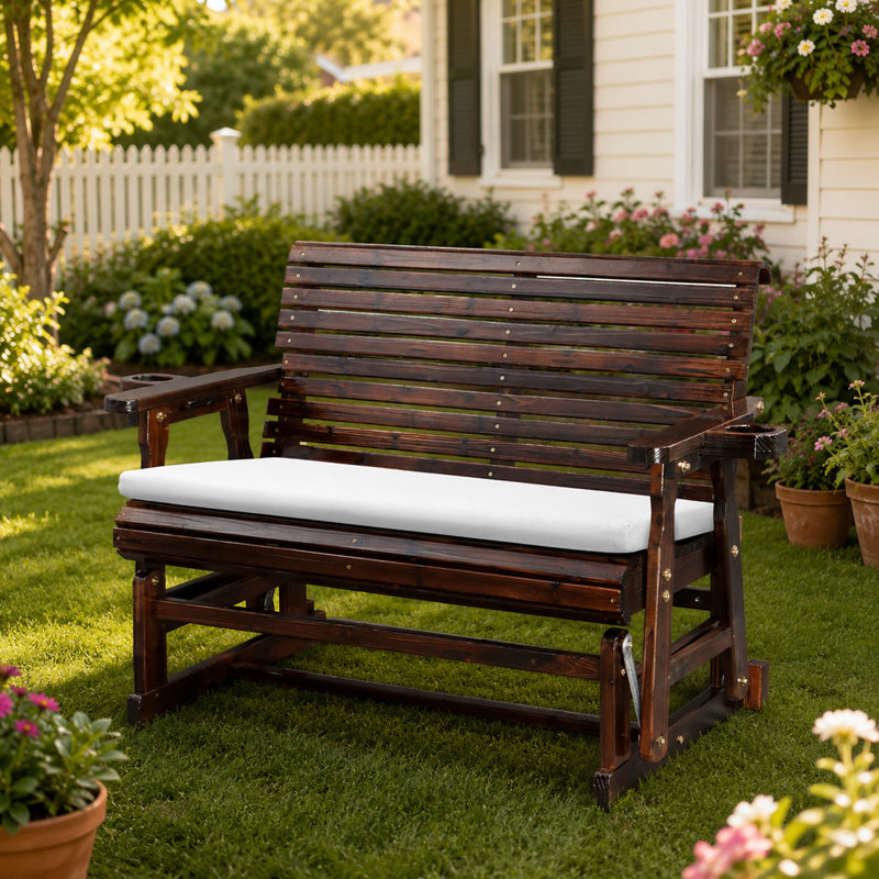 Banc de patio en bois massif carbonisé avec coussin et porte-gobelets, Dark Brown