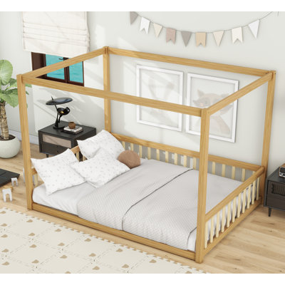 Full Size Canopy Rubber Wood Floor Bed with Fence & Guardrails, Natural Finish