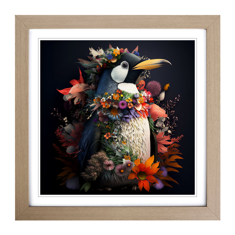 Penguin Floral Art - Framed Print, Oak