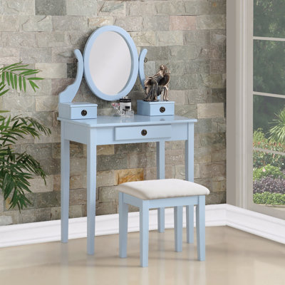 Wood Moniya Makeup Vanity Table and Stool Set, Blue