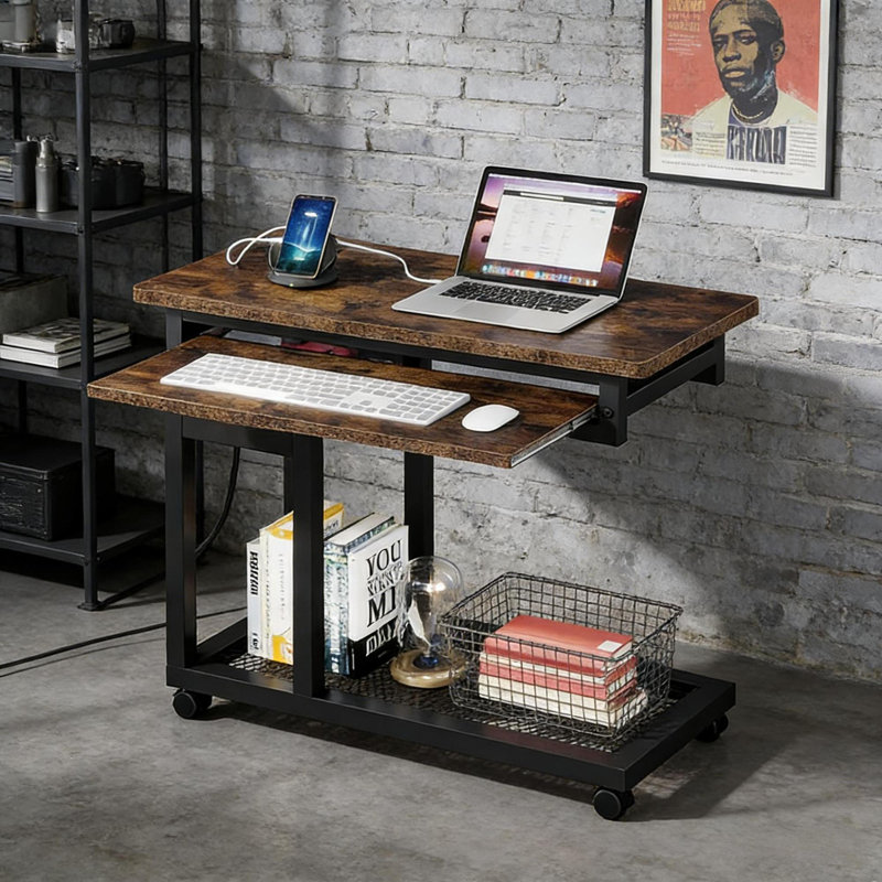 Bureau mobile réglable avec structure en métal, station de charge compacte