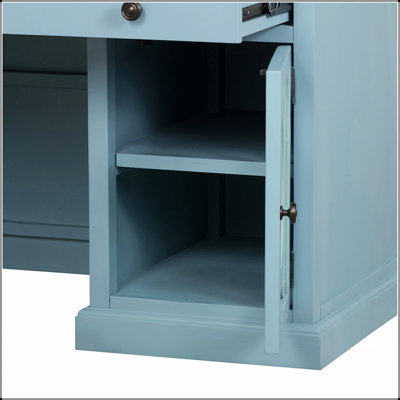 Élégant bureau en bois d'acacia bleu avec tiroirs spacieux et armoire vitrée unique pour le bureau à domicile