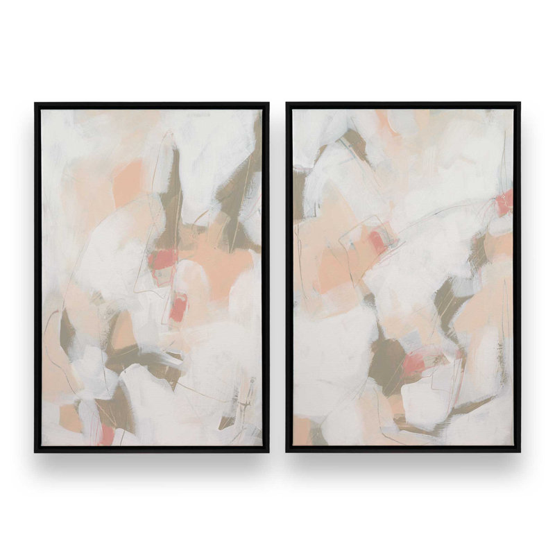 Ensemble de 2 motifs abstraits roses feutrés, Cadre flottant noir satiné, H 12 po x l 18 po