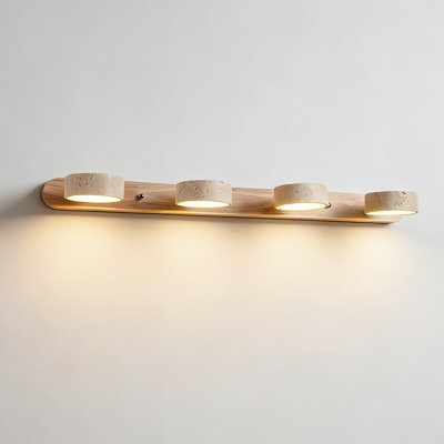 LED Vanity Light With 4 Travertine Stone Shades, Polished Natural Wood Base, 360° Rotatable Stone Lampshades Wall Sconce, Modern Rustic Vanity Wall Light For Bathroom, Bedroom, Living Room