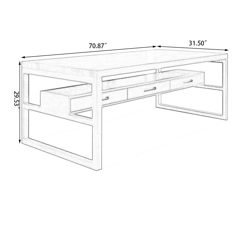 Brown Rectangular Solid Wood with 3 drawers desk, 29.53" H x 70.87" W x 31.5" D