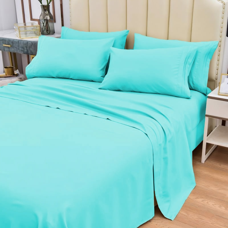 Premium Rayon From Bamboo 6 Pc Sheet Set With Deep Pockets, Cooling, Aqua, Twin Sheet Set with 2 Pillowcases