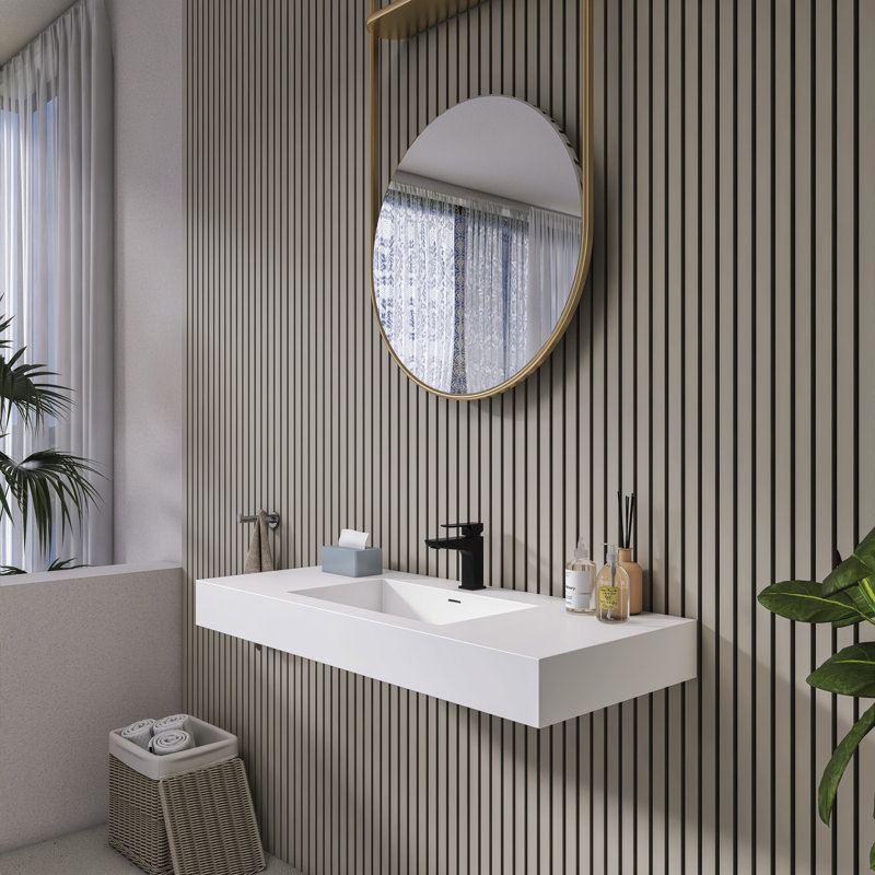 Lavabo de salle de bain mural en résine de pierre 47,2 po - Lavabo vasque rectangulaire blanc mat pour salle de bain moderne