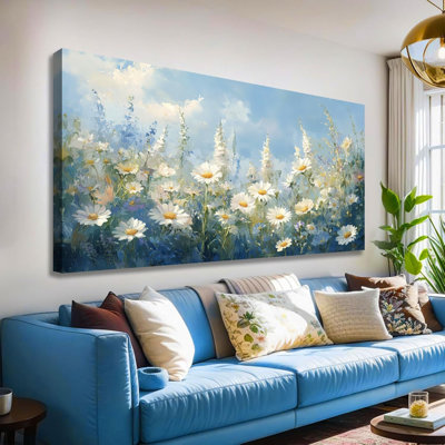 Grande marguerite, art mural sur toile, ciel bleu, impression de peinture florale, peinture, salon, décoration de chambre à coucher, bureau, art encadré, 20 x 40 pouces, prêt à être accroché
