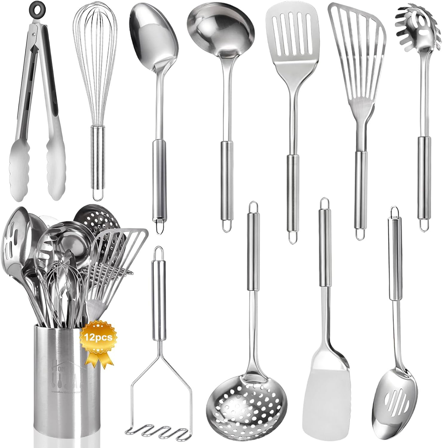 WKING 12-Piece Stainless Steel Kitchen Utensil Set With Holder - Heat-Resistant Cooking Tools Including Spatulas, Spoons, Tongs, Whisk, Potato Masher, And More | Wayfair