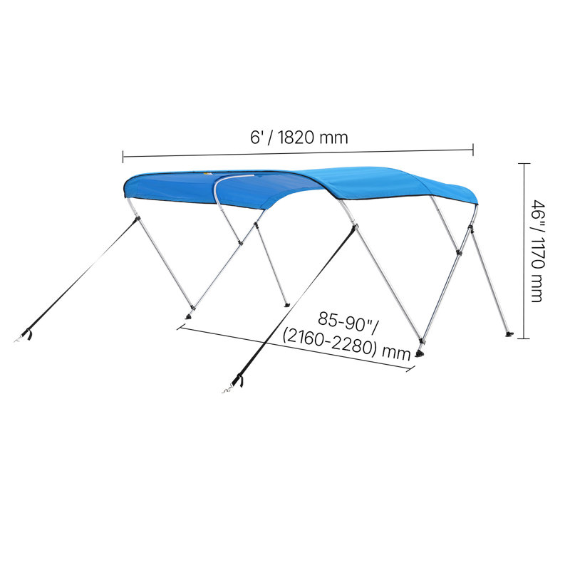 3 auvent pour bateau, 3 auvent en polyester 600D avec structure en alliage d'aluminium, auvent imperméable et à l'abri du soleil avec sac de rangement, 2 poteaux de support, 4 sangles, l 72 po (L 85 po à 90 po) x H 46 po, bleu pacifique