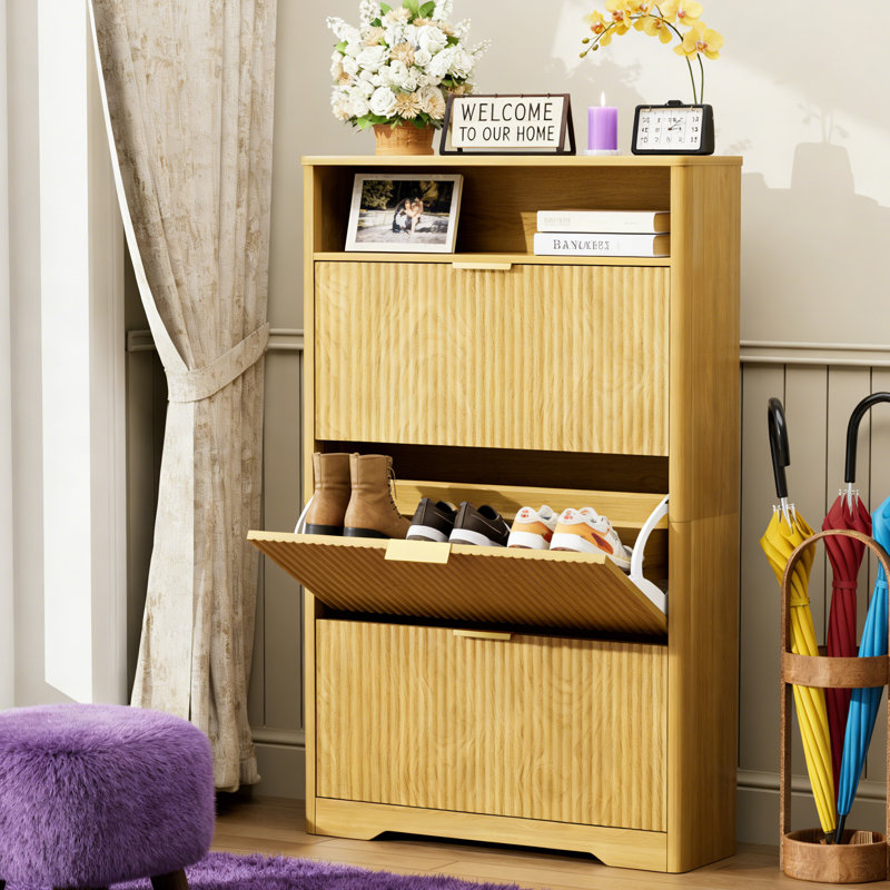 Narrow Shoe Storage Cabinet with 3 Flip-Down Drawers & Open Top - Farmhouse Entryway Shoe Organizer with Legs, Hidden Slim Shoe Rack for Hallway, Foyer, Apartment,  Adjustable Shelves