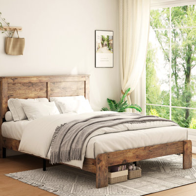 Lit plateforme en bois brun foncé pleine grandeur, silencieux et facile à assembler, aucun sommier nécessaire, rangement spacieux sous le lit, métal et bois de haute qualité, style industriel pour une utilisation dans la chambre à coucher