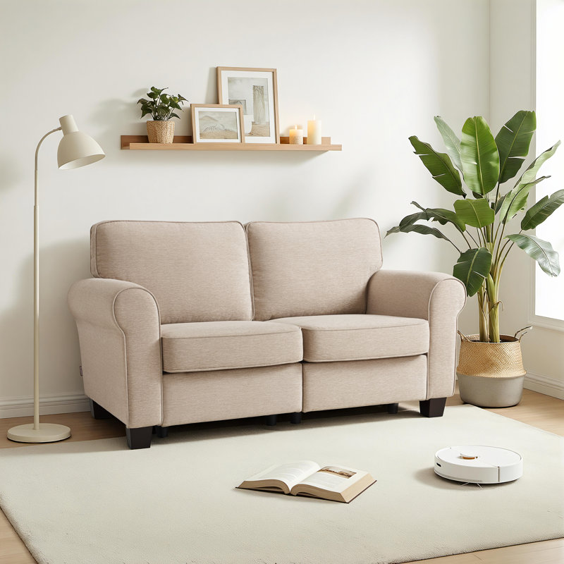 67.7" Rolled Arm Upholstered Loveseat Sofa, 2-Seater Couch with Solid Wood Legs, Beige