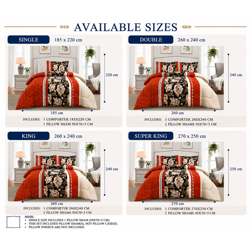 Printed Bedspreads 3 Piece Trendy Red Comforter Bed Throw with Matching Pillow Shams
