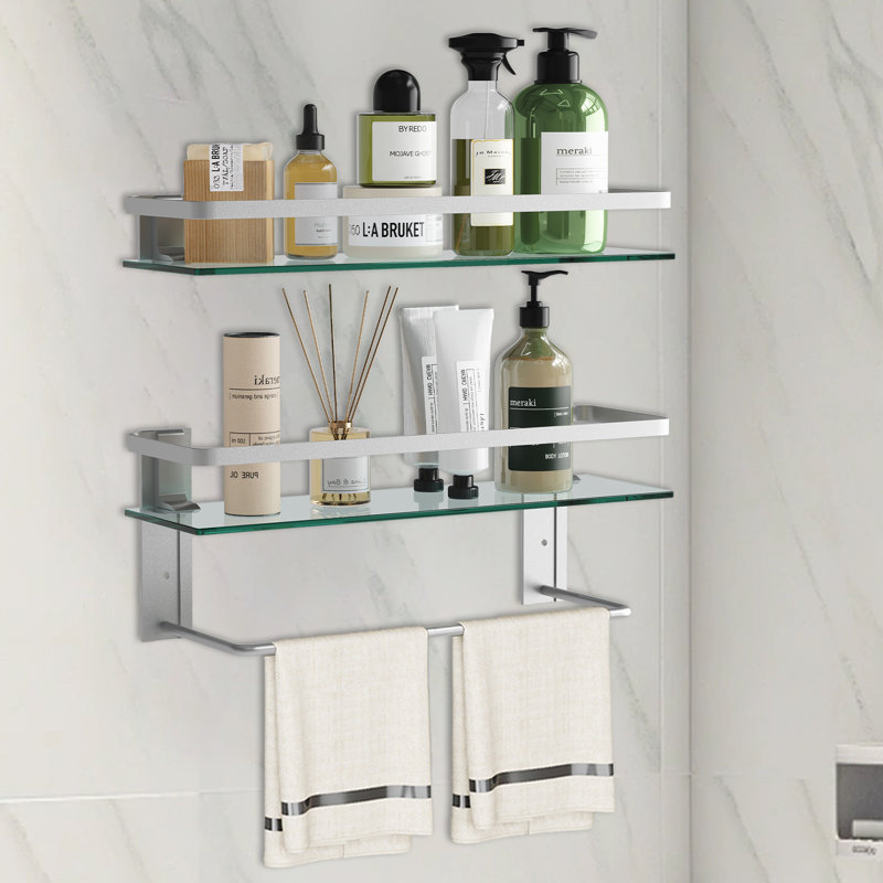 2-tier Tempered Glass Shelves - 15.7 Inch Wall-mounted With Towel Rack, Rustproof Frame, Silver
