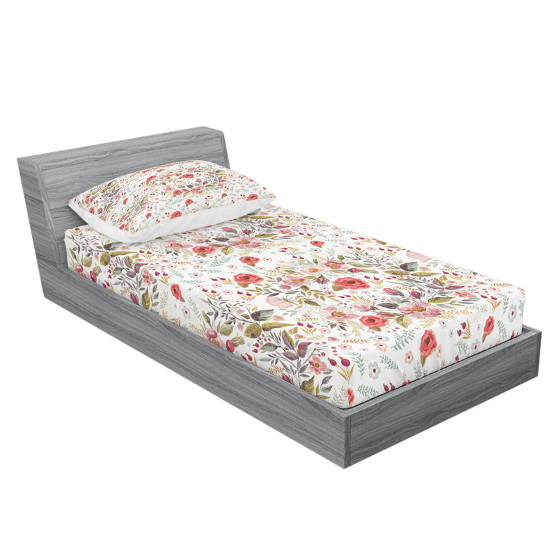 Microfiber Floral Sheet Set, Twin Sheet Set + Fitted Sheet + 1 Pillowcase, White/Red/Green Floral