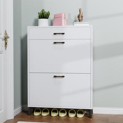 Commode à chaussures blanche avec 2 tiroirs rabattables:, Vaste espace de rangement autoportant - Tiroirs, Blanc, peu encombrant pour la porte