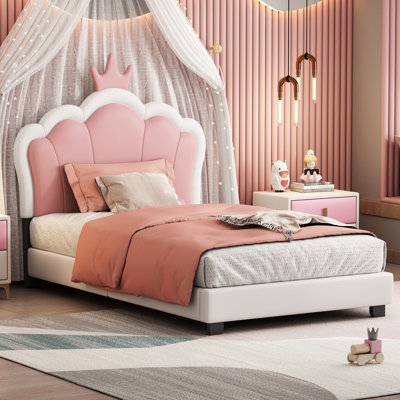 Upholstered Princess Bed With Crown Headboard,Platform Bed With Headboard And Footboard, by Gemma Violet