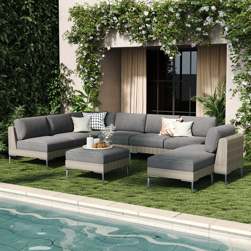  9-piece Wicker Rattan Patio Furniture Set, Deep Seating Outdoor Modular Sectional Sofa Conversation Set With Thick Cushions For Lawn, Garden