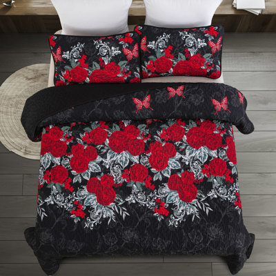 3-Piece Floral Botanical Quilt Set Lightweight Rose Printed Coverlet with Pillow Shams for All Seasons