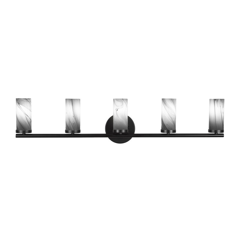 Annese 5 Light Bath Bar Shown With 2.5” Onyx Swirl Glass, Matte Black