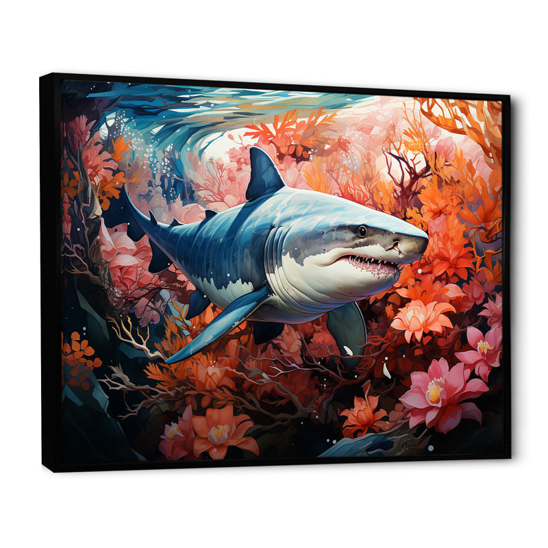 " Lemon Shark Encounter Landscape ", 12" H x 20" W x 1" D, Black Floater Framed